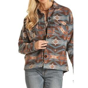 ROCK & ROLL Jacquard Aztec Print Button up Shacket Size S Blue Western Cowgirl